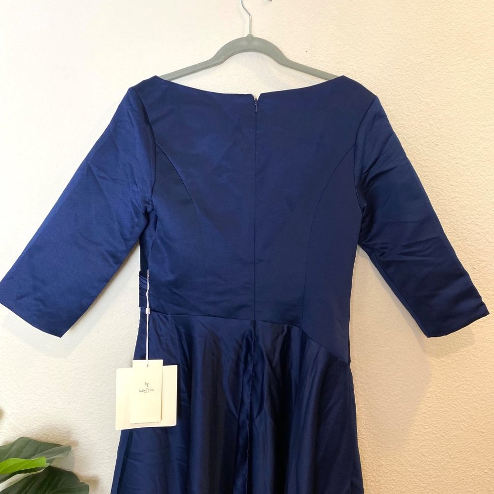 Lan Ting Bride V-Neck Quarter Sleeve Pleated A-Line Satin Tea Dress Navy Blue - Picture 6 of 8